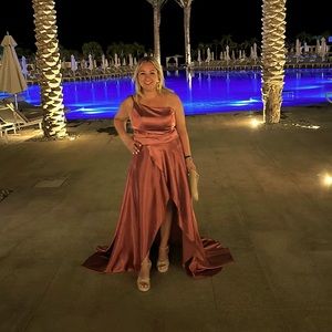 ROSE SATIN HIGH-LOW ONE-SHOULDER DRESS. Wore 1x to wedding, doesn’t fit now